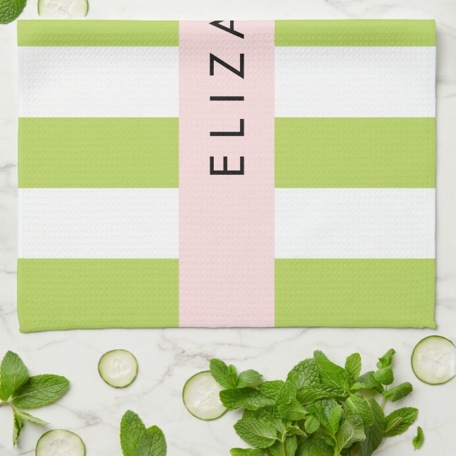 Grüne Streifen, Linien, Streifen, Ihr Name Geschirrtuch (Gefaltet)