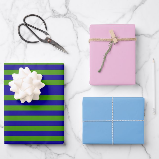 Grüne Streifen mit Cotton Candy und Blue Geschenkpapier Set (Vorderseite)