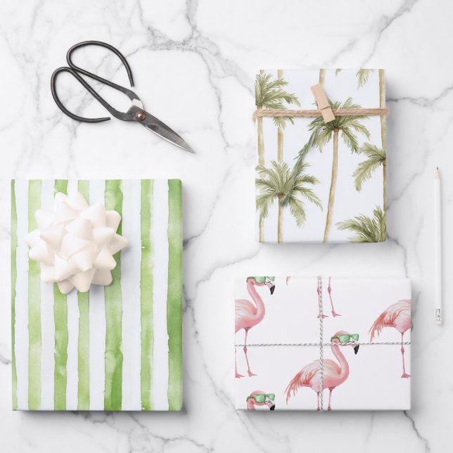 Grüne Streifen Rosa Flamingo Palmen Bäume Geburtst Geschenkpapier Set (Vorderseite)