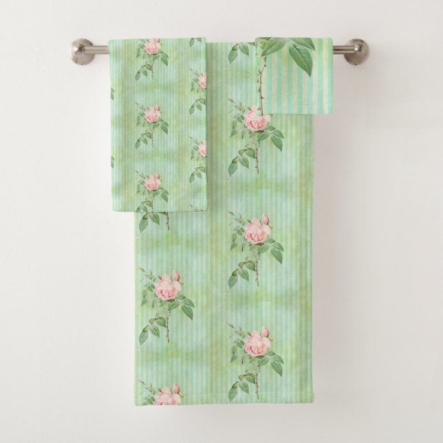 Grüne Streifen Rosa Rose Blumenmuster Set Handtuch (Insitu)