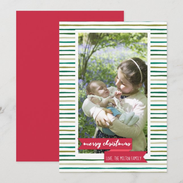 Grüne Streifen und rote Banner Foto Weihnachtskart Einladung (Vorne/Hinten)
