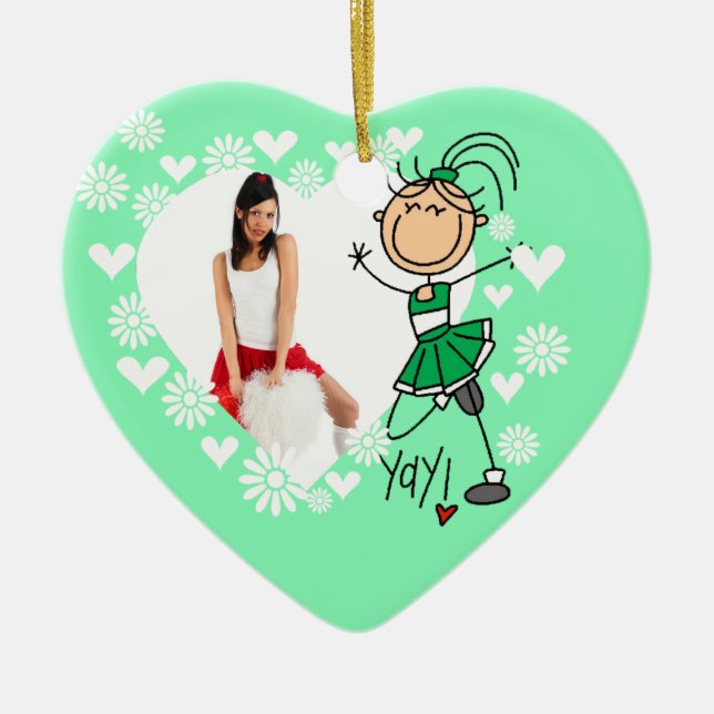 Grüne Strichmännchen-Cheerleader-Verzierung Keramikornament (Vorne)