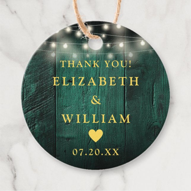 Grüne String Lights Rustic Wood Boho Barn Wedding Geschenkanhänger (Vorderseite)