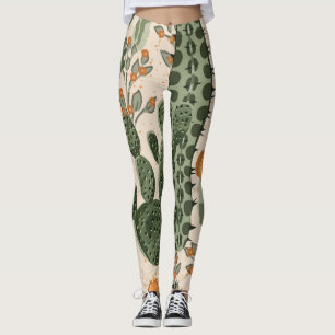 Grüne Sukkulente, orangefarbene Blume, Strandtapet Leggings