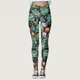 Grüne Sukkulente und blühende Kakteen Blume Schwar Leggings