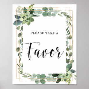 Grüne Sukkulenten-Blumenblätter Gold Favor Zeichen Poster