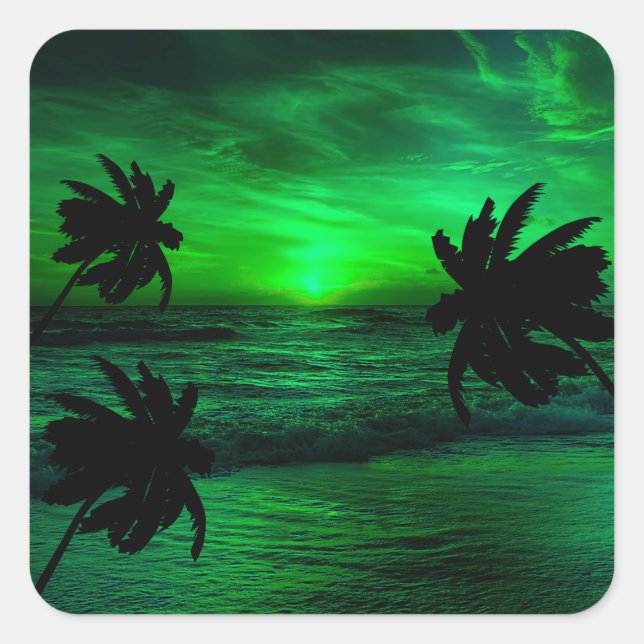 GRÜNE SUNSETS OZEAN LANDSCHAFTLICH QUADRATISCHER AUFKLEBER (Vorderseite)