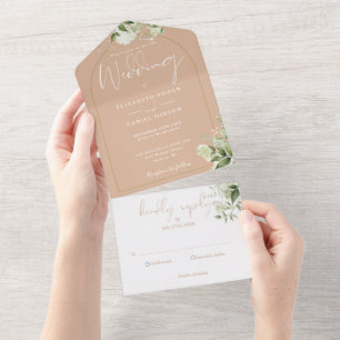 Grüne Tan- und Goldbogen-Hochzeit All In One Einladung