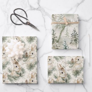 Grüne Tannenzapfen Häschen Kaninchen Weihnachten Geschenkpapier Set