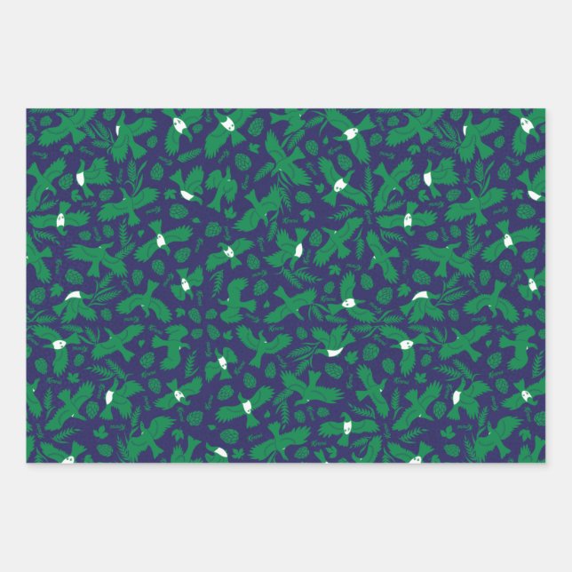 Grüne Tauben auf blau Geschenkpapier Set (Vorderseite)