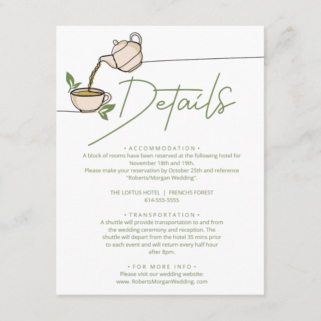 Grüne Tee Party Hochzeiten Details Begleitkarte (Vorderseite)