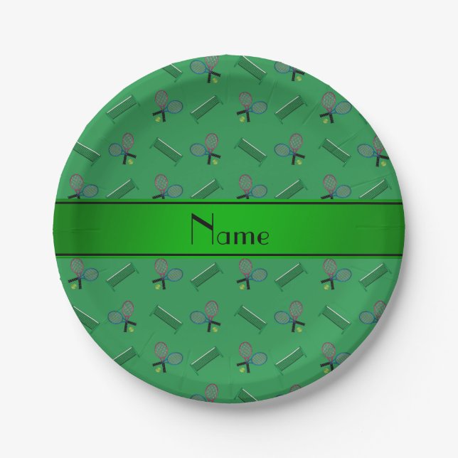 Grüne Tennisschläger und -netze, personalisiert Pappteller (Vorderseite)