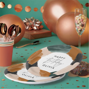 Grüne Terrakotta abstrakte Aquarellfarben Geburtst Pappteller