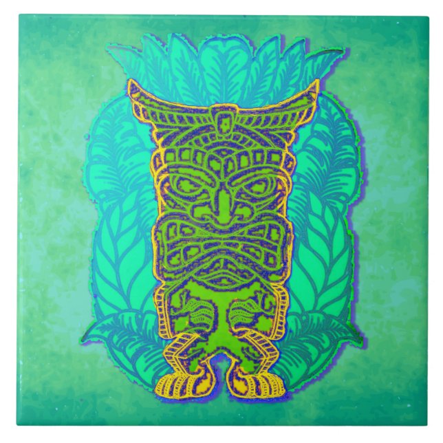 Grüne Tiki auf Turqoise Grungy Hintergrund Fliese (Vorderseite)