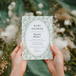 Grüne Toile De Jouy Blumenfoto Babyparty-Einladung Einladung