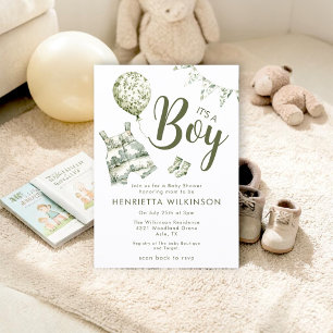 Grüne Toile de Jouy Jungen-Baby-Party-Einladung Einladung