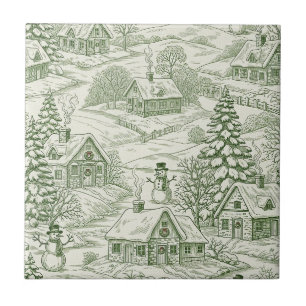Grüne Toile-Vintage-Weihnachtsdorf-Muster Fliese