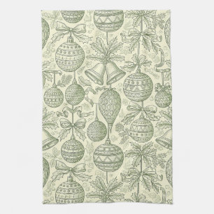 Grüne Toile-Weihnachtsglocken & Ornament-Muster 2 Geschirrtuch