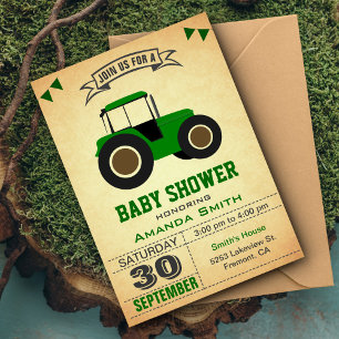 Grüne Traktor-Baby-Party Einladung