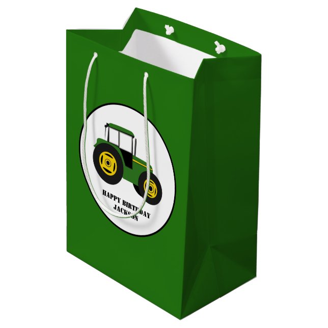 Grüne Traktor Kid's Birthday Medium Geschenktasche Mittlere Geschenktüte (Rückseite Schrägansicht)