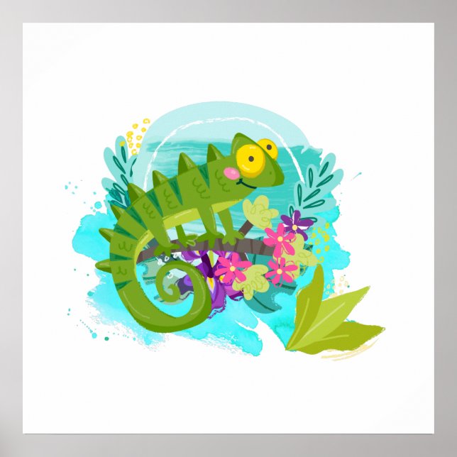 Grüne Tropenechse mit Blume Poster (Vorne)