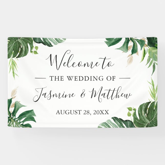 Grüne Tropical Blätter Hochzeit Banner (Horizontal)