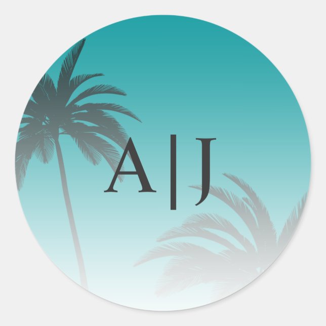Grüne Tropical Palm Tree Beach Monogram Wedding Runder Aufkleber (Vorderseite)