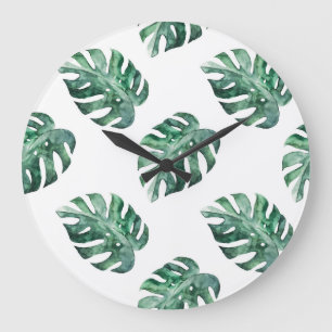 Grüne tropische Blätter, Aquarellmuster Große Wanduhr