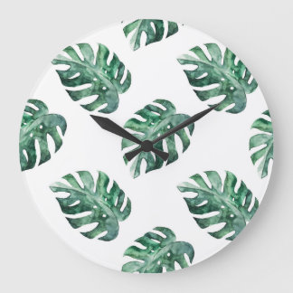 Grüne tropische Blätter, Aquarellmuster Große Wanduhr
