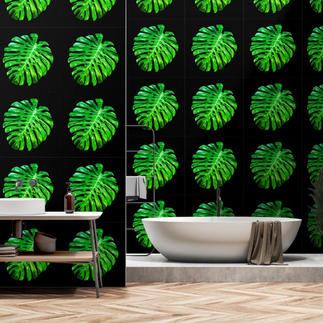 Grüne tropische Blätter, farblich schwarz Tapete (Badezimmer)