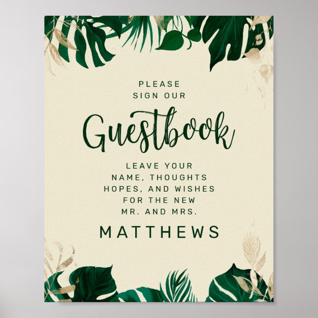 Grüne tropische Blätter mit Gold Guestbook-Zeichen Poster (Vorne)