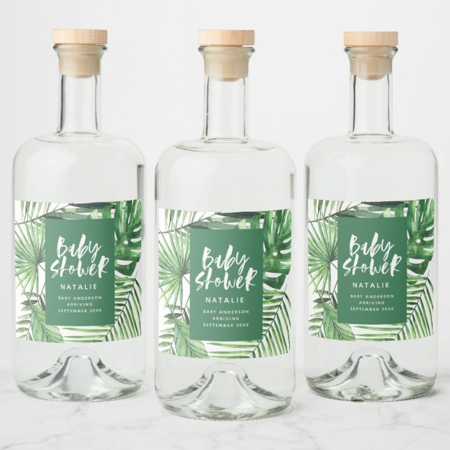 Grüne tropische Blätter, moderne Babydusche Alkoholflaschenetikett (Flaschen)