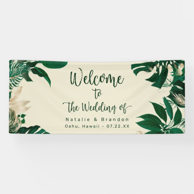 Grüne tropische Blätter Moderne Hochzeit Willkomme Banner (Horizontal)