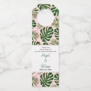 Grüne tropische Blätter Polka dots rosa Hochzeit Flaschenanhänger