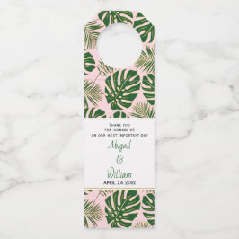 Grüne tropische Blätter Polka dots rosa Hochzeit Flaschenanhänger