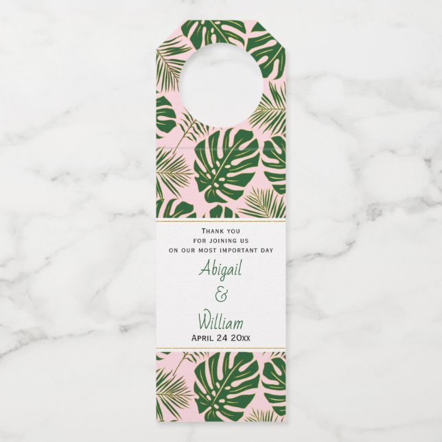 Grüne tropische Blätter Polka dots rosa Hochzeit Flaschenanhänger (Vorderseite)