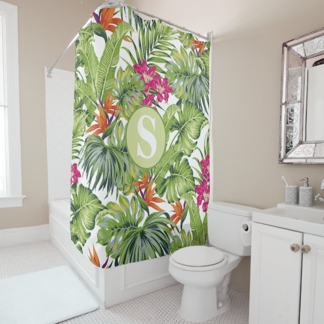 Grüne tropische Blätter Rosa Orange Blume Monogram Duschvorhang (Beispiel)
