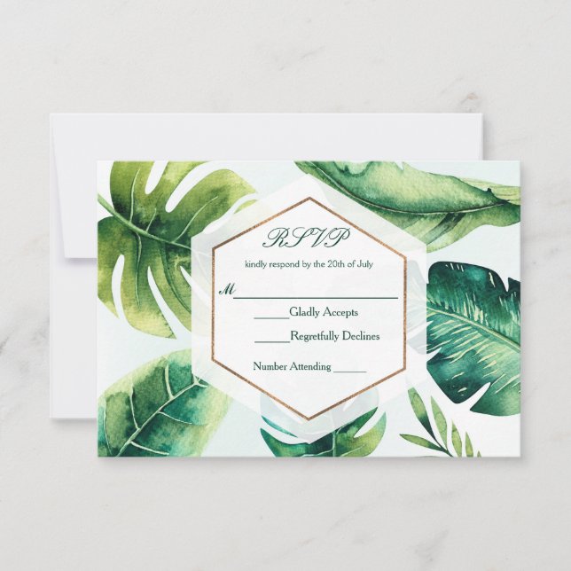 Grüne tropische Blätter Weiß Elegante Hochzeitsfei RSVP Karte (Vorderseite)