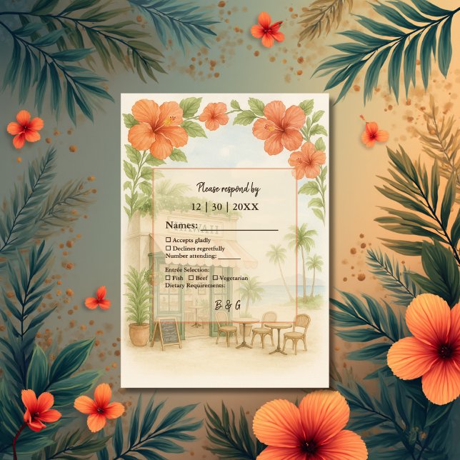 Grüne tropische Hawaii-Hochzeit in Urlaubsort RSVP Karte (Von Creator hochgeladen)