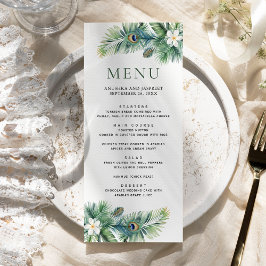 Grüne tropische indische Pfauenfedern Hochzeit Menükarte