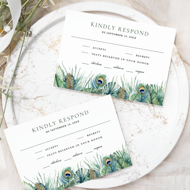 Grüne tropische indische Pfauenfedern Hochzeit RSVP Karte (Von Creator hochgeladen)