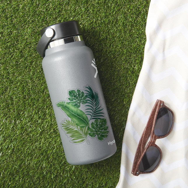 Grüne tropische Palmen Banana Monstera Blätter Aufkleber (HydroFlask Insitu)