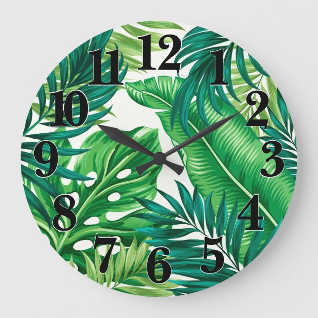 Grüne tropische Palmen Banana Monstera Blätter Große Wanduhr (Vorderseite)