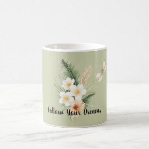 Grüne tropische Pfirsich-Hibiskus-Plumeria-Libelle Kaffeetasse