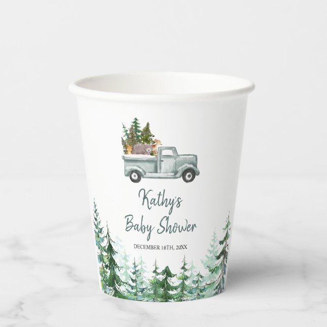 Grüne Truck Woodland Animal Baby Dusche Papierkäst Pappbecher (Vorderseite)