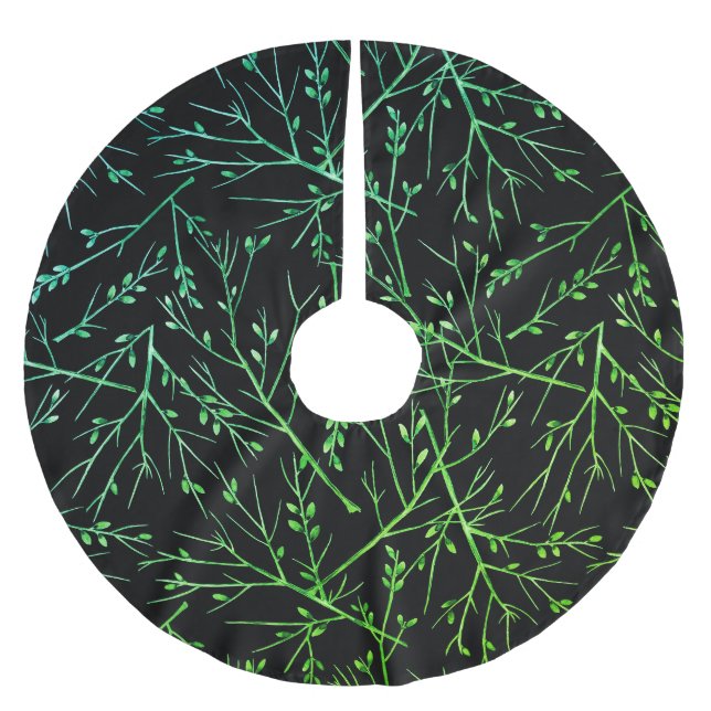 Grüne Twigs auf schwarz Polyester Weihnachtsbaumdecke (Vorderseite)