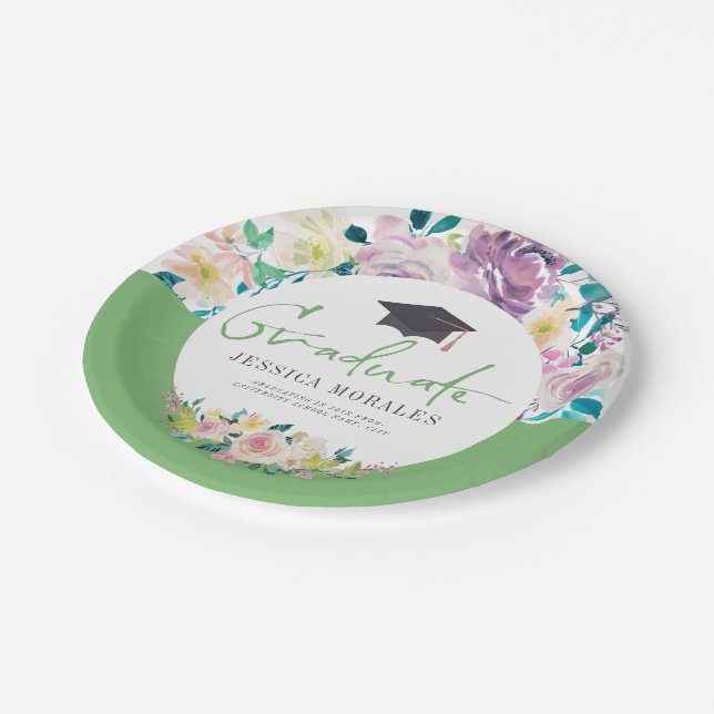 Grüne Typografie Graduate-Summer-Blume Pappteller (Schrägansicht)
