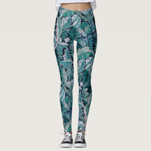 Grüne und Aquamarine Morris-Blätter Leggings