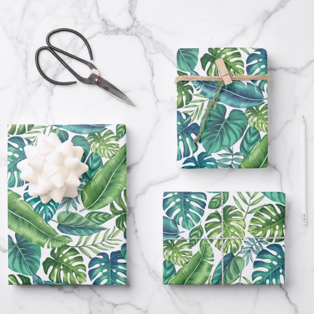Grüne und Aquamarine tropische Palmen Banana Monst Geschenkpapier Set (Vorderseite)