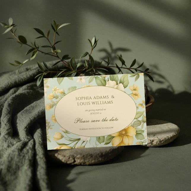 Grüne und beige Hochzeit mit Blumen Save The Date (Von Creator hochgeladen)